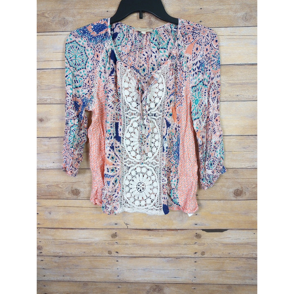 Lucy & Laurel Tops - Lucy & Laurel Women Shirt Medium Orange Blue Bohemian Peasant Crochet Paisley